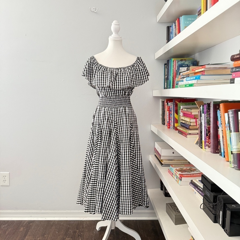 Chelsea & Theodore Black & White Gingham Off the Shoulder Midi Dress P Medium - Picture 2 of 11